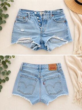 Levi's Light Wash High-Rise Distressed Denim Shorts